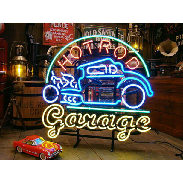 New Hot Rod Garage Open Bar Neon Light Sign Lamp 24"x20" Real Glass Windows Beer